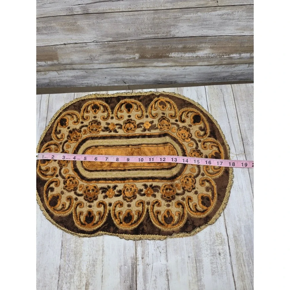 Vintage Brown Gold Velvet Baroque Scroll Table Runner Lace Trim 18.5x12.5 READ